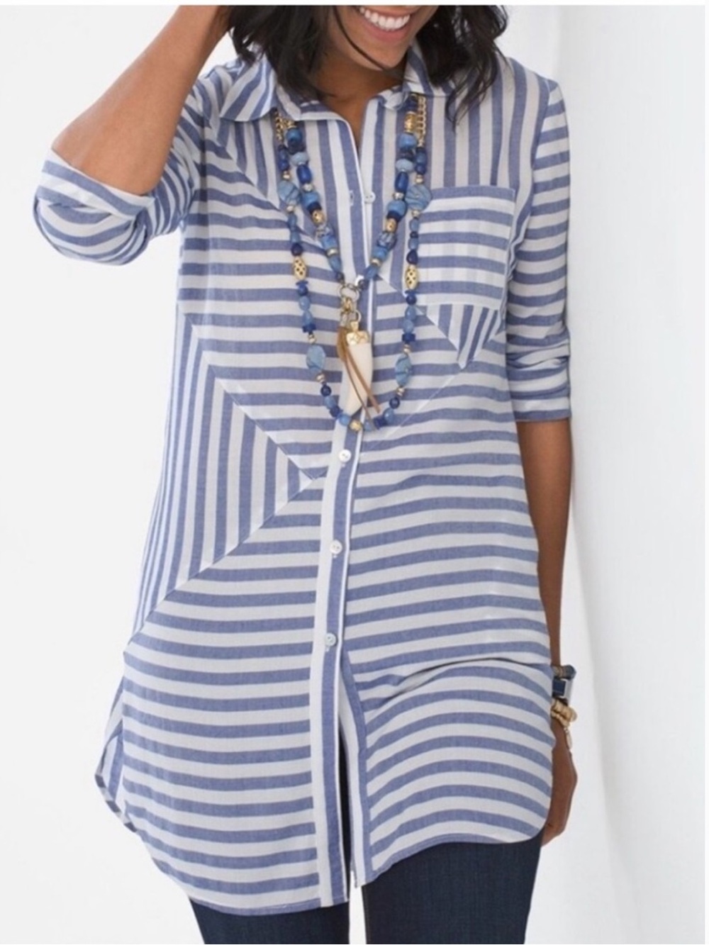 Chico’s blue and white tunic top button front 0 Small coastal beach nautical